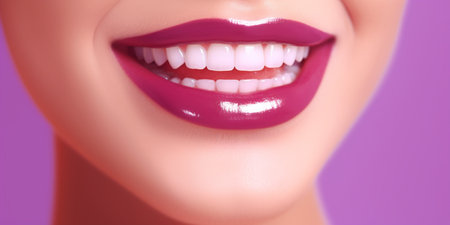 beautiful smile with white even teeth on a bright pink background, dental treatment. Generative AIの素材
