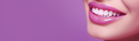 beautiful smile with white even teeth on a bright purple banner, dental treatment. Generative AIの素材