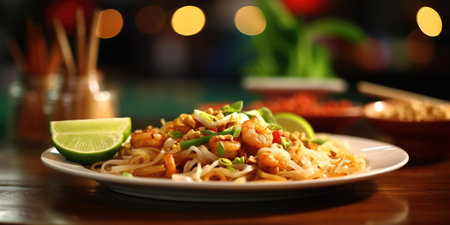 Delicious Pad Thai noodle dish in a Thai restaurant. Generative AIの素材