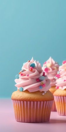 Delicious cupcakes. Appetizing cupcakes on a pastel background. Generative AIの素材