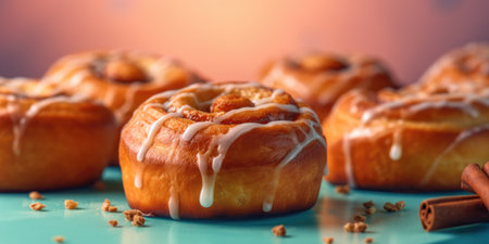 Delicious cinnabon. Appetizing buns on pastel background. Generative AIの素材