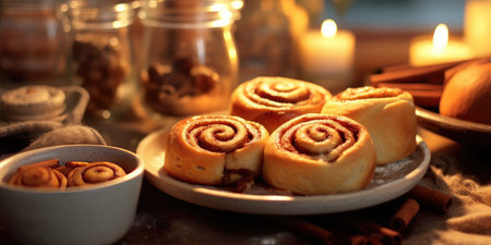 Delicious cinnabon. Appetizing buns on the table. Generative AIの素材