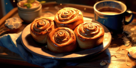 Delicious cinnabon. Appetizing buns on the table. Generative AIの素材