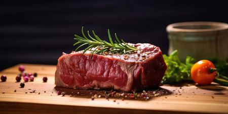 Fresh raw meat on a wooden background. Natural spices. Generative AIの素材