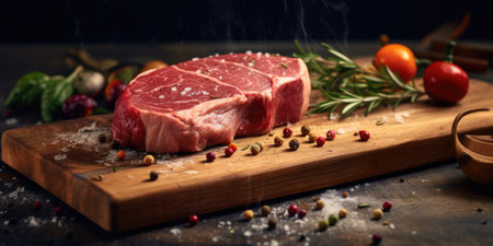 Fresh raw meat on a wooden background. Natural spices. Generative AIの素材