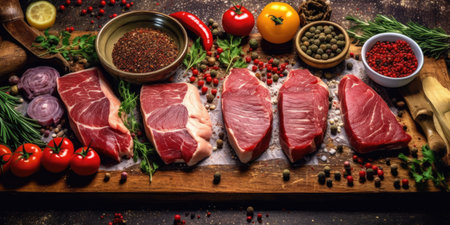 Fresh raw meat on a wooden background. Natural spices. Generative AIの素材