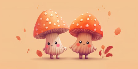 Illustration of funny mushrooms in the forest. Fairy mushrooms in fantasy land, forest landscape. High quality photo. Generative AIの素材