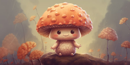 Illustration of funny mushrooms in the forest. Fairy mushrooms in fantasy land, forest landscape. High quality photo. Generative AIの素材