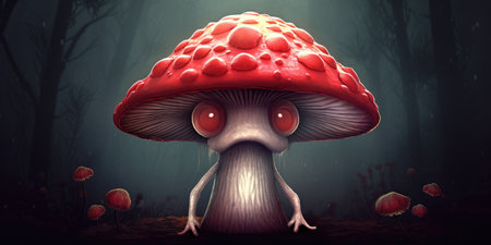 Illustration of funny mushrooms in the forest. Fantastic mushrooms in a mysterious country. High quality photo. Generative AIの素材
