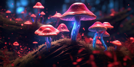 Illustration of neon mushrooms in the forest. Fairy mushrooms in fantasy land, forest landscape. High quality photo. Generative AIの素材