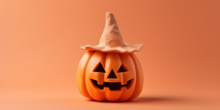 Pumpkin on a horizontal background, pastel color with space for text. Photo on the theme of Halloween. High quality photo. Generative AIの素材