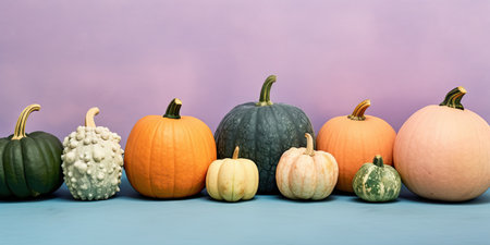 Many different pumpkins on a pastel background for the holiday Halloween day. High quality photo. Place for text. Generative AIの素材