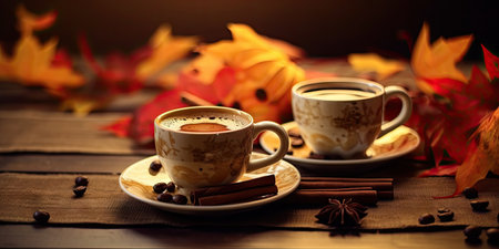 Photo of fragrant coffee on a table with pumpkins and decorations for the holiday of Halloween. High quality photo. Generative AIの素材
