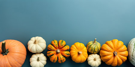 Many different pumpkins on a pastel background for the holiday Halloween day. High quality photo. Place for text. Generative AIの素材