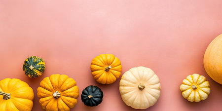 Many different pumpkins on a pastel background for the holiday Halloween day. High quality photo. Place for text. Generative AIの素材