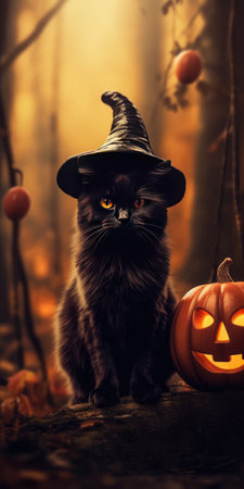 Kitten in a witchs hat in the autumn forest. Place for text. Generative AIの素材