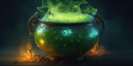 Cauldron with green potion. Drawing on the theme of Halloween. Place for text. Generative AIの素材
