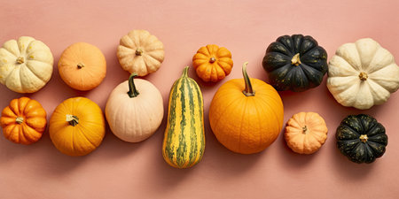 Many different pumpkins on a pastel background for the holiday Halloween day. Place for text. Generative AIの素材