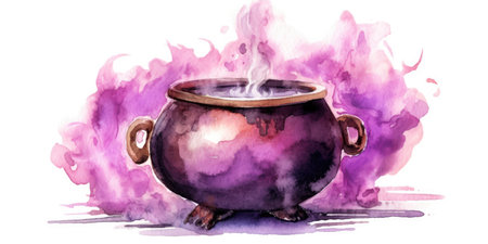 Purple potion cauldron. Drawing on the theme of Halloween in watercolor technique. Place for text. Generative AIの素材