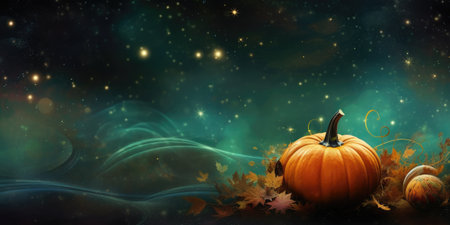 Pumpkin on a horizontal image with space for text. Photo on the theme of Halloween. Generative AIの素材