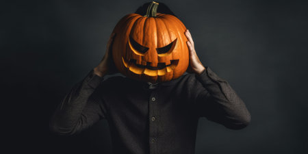 Halloween pumpkin on a mans head. Dark background. Halloween theme. Generative AIの素材