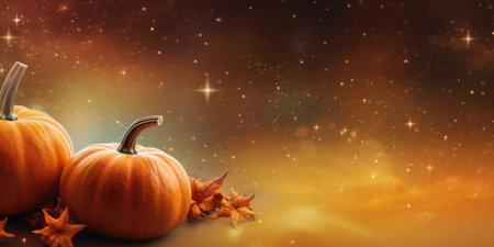 Pumpkin on a horizontal image with space for text. Photo on the theme of Halloween. Generative AIの素材