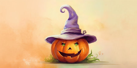 Cute pumpkin in a witchs hat, with a place for text, in watercolor technique. Halloween theme. Generative AIの素材