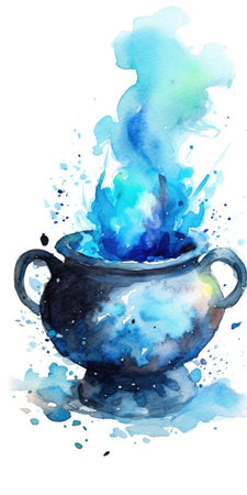 cauldron with blue potion. Drawing on the theme of Halloween in watercolor technique. Place for text. Generative AIの素材