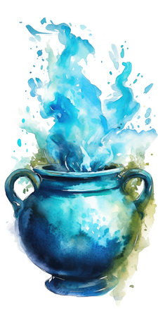 cauldron with blue potion. Drawing on the theme of Halloween in watercolor technique. Place for text. Generative AIの素材