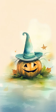 Cute pumpkin in a witchs hat, with a place for text, in watercolor technique. Halloween theme. Generative AIの素材