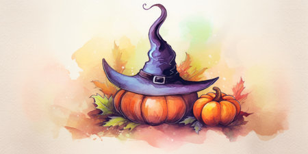 Cute pumpkin in a witchs hat, with a place for text, in watercolor technique. Halloween theme. Generative AIの素材
