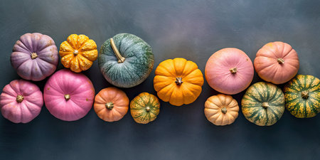 Many different pumpkins on a pastel background for the holiday Halloween day. Place for text. Generative AIの素材