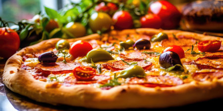 Tasty Italian pizza close-up. Generative AIの素材
