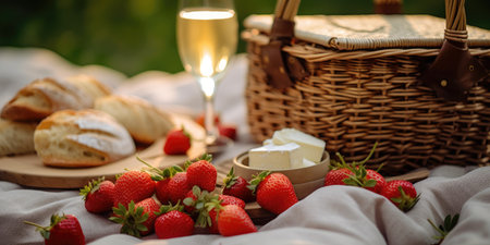 Romantic photo of a picnic, champagne in glasses and strawberries. Generative AIの素材