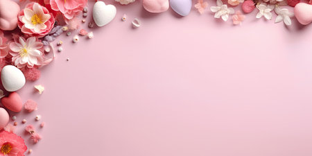Romantic photo of flowers on a pink background with space for text. Generative AIの素材