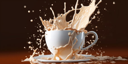 Cup of coffee with milk on the table close-up. Splashes of coffee and milk. Generative AIの素材
