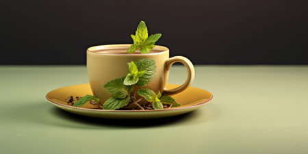 A cup of fragrant tea on the table close-up. Herb tea. Generative AIの素材