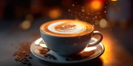A cup of fragrant cappuccino on the table close-up. Generative AIの素材