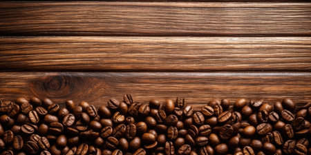 Coffee beans on the table close-up. Coffee on a wooden table. Generative AIの素材