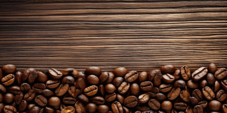 Coffee beans on the table close-up. Coffee on a wooden table. Generative AIの素材