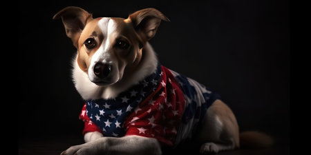 Cute dog dressed in US national colors. July 4th is Independence Day of the United States of America. Generative AIの素材