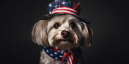Cute dog dressed in US national colors. July 4th is Independence Day of the United States of America. Generative AIの素材