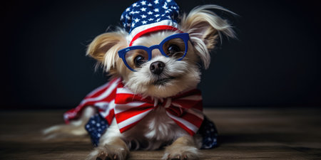 Cute dog dressed in US national colors. July 4th is Independence Day of the United States of America. Generative AIの素材