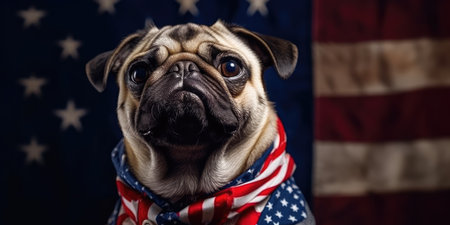 Cute dog dressed in US national colors. July 4th is Independence Day of the United States of America. Generative AIの素材
