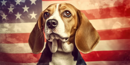 Cute dog dressed in US national colors. July 4th is Independence Day of the United States of America. Generative AIの素材