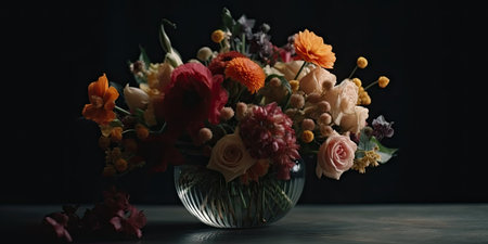 Bouquet of flowers in a glass vase on the table. Image for desktop. Generative AIの素材