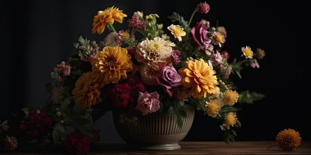 Bouquet of flowers in a glass vase on the table. Image for desktop. Generative AIの素材