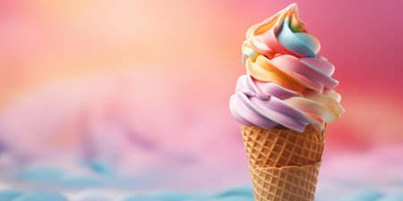 Delicious, appetizing ice cream in a cone, close-up. Generative AIの素材