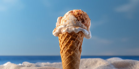 Delicious, appetizing ice cream in a cone, close-up. Generative AIの素材