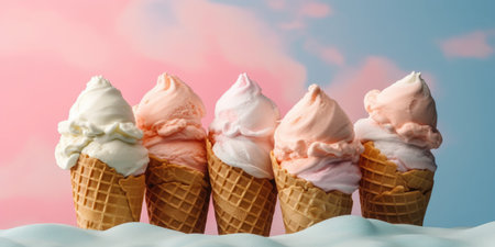 Delicious, appetizing ice cream in a cone, close-up. Generative AIの素材
